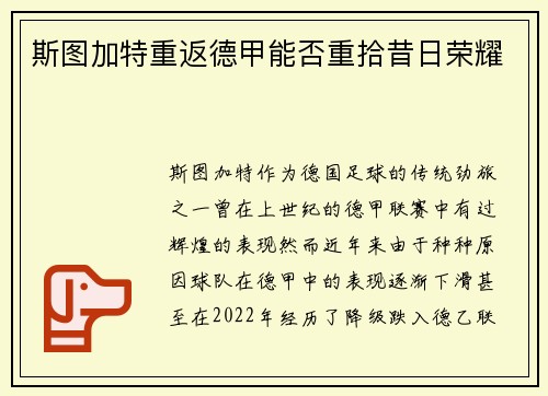 斯图加特重返德甲能否重拾昔日荣耀